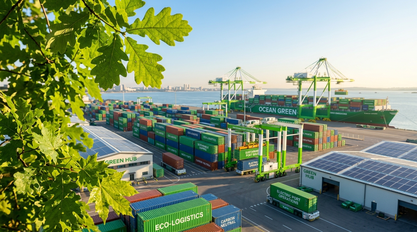 Lush green plant leaves framing modern clean freight container terminal bathed in golden sunshine