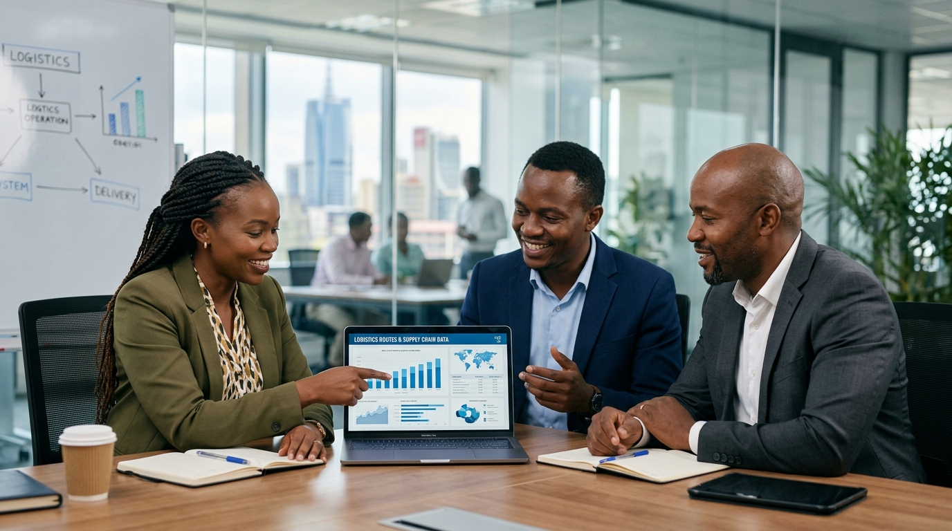 Team of diverse African corporate professionals collaborating around laptop in modern conference room